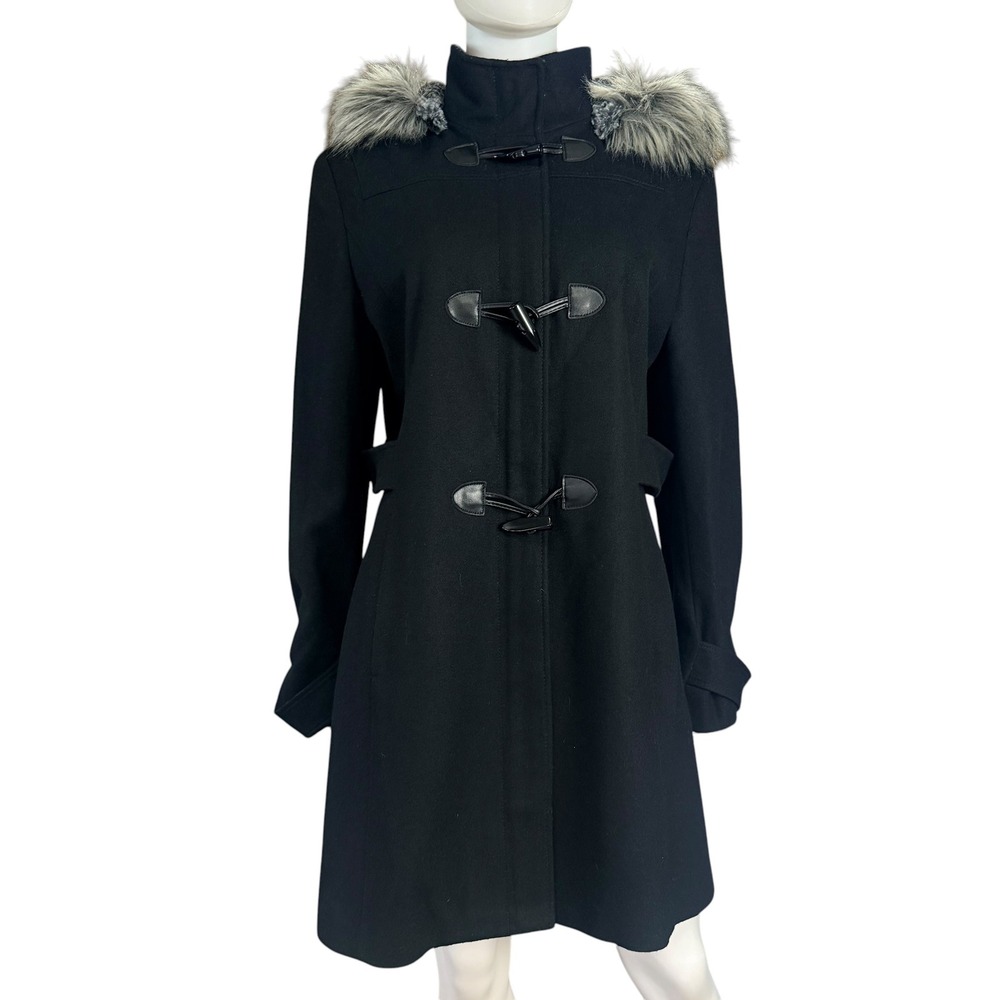 Nautica Wool Blend Duffle Black Coat Faux Fur Hood Old Money Cozy Winter XL
